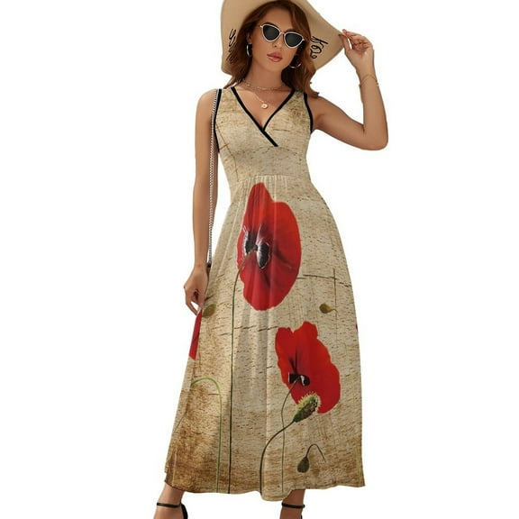 Poppy Artwork Womens Night Club Maxi Dress V Neck Sleeveless Bohemia Long Dresses