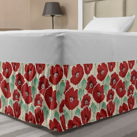 Poppy Bed Skirt, Spring Garden Pattern with Red Blossoms Seed Capsules and Little Dots, Elastic Bedskirt Dust Ruffle Wrap Around for Bedding Decor, 4 Sizes, Mint Green Beige, by Ambesonne