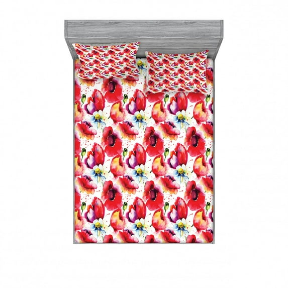 Poppy Bedding Set with Sheet & Covers, Colorful Combined Mixed Poppy Flower Petals Pattern Spring Garden Theme Paint Effect, Printed Bedroom Decor 2 Shams, 4 Sizes, Blue Red, by Ambesonne