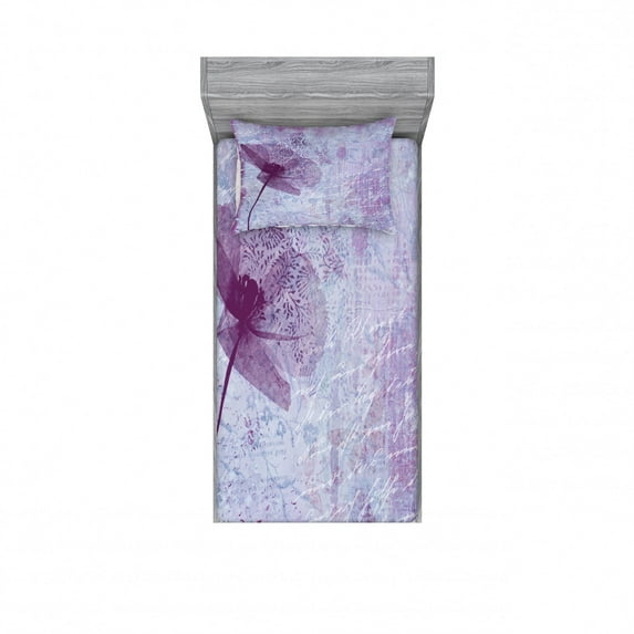 Poppy Bedding Set with Sheet & Covers, Poppy Flower Artwork with Poetry Pattern Romance Theme Floral Vintage Style Graphic, Printed Bedroom Decor 2 Shams, 4 Sizes, Lilac, by Ambesonne