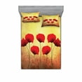 thumbnail image 1 of Poppy Bedding Set with Sheet & Covers, Poppies on Old Aged Retro Featured Backdrop Design Past Days Drama Petals, Printed Bedroom Decor 2 Shams, 4 Sizes, Scarlet Pale Yellow, by Ambesonne, 1 of 3