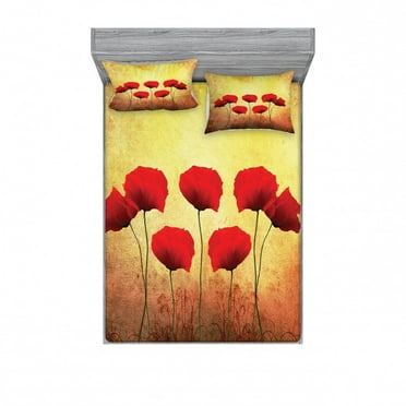 Poppy Bedding Set with Sheet & Covers, Poppies on Old Aged Retro Featured Backdrop Design Past Days Drama Petals, Printed Bedroom Decor 2 Shams, 4 Sizes, Scarlet Pale Yellow, by Ambesonne