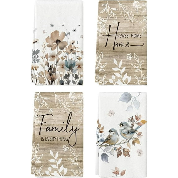 Poppy Birds Leaves Fall Kitchen Towels Dish Towels, 18x26 Inch Farmhouse Spring Floral Decoration Hand Towels Set of 4