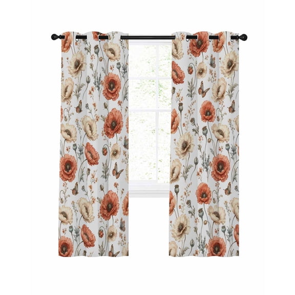Poppy Blackout Curtains 2 Panels Set Rustic Boho Floral Beige Terracotta Flower Buds Botanical Thermal Insulated Privacy Black Out Drapes Window Curtain for Living Room Bedroom 42 x 84 Inch