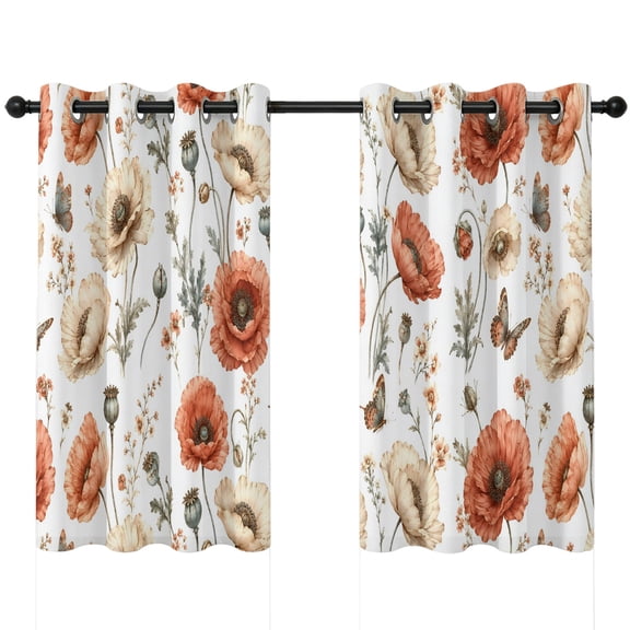 Poppy Blackout Curtains 54 Inches Long, Rustic Boho Floral Beige Terracotta Flower Buds Botanical Thermal Insulated Room Darkening Drapes with Grommets for Living Room 42"W x 54"L, 2 Panels