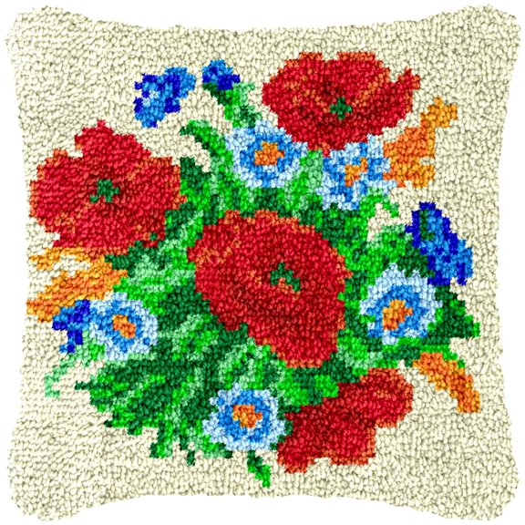 Poppy Bonquet Latch Hook Kits Pillow Cover DIY Rug Making Crochet Hook Cushion Making Kits with Preprinted Pattern Canvas DIY Needlework Crochet Kits Sofa Decor 43x43cm