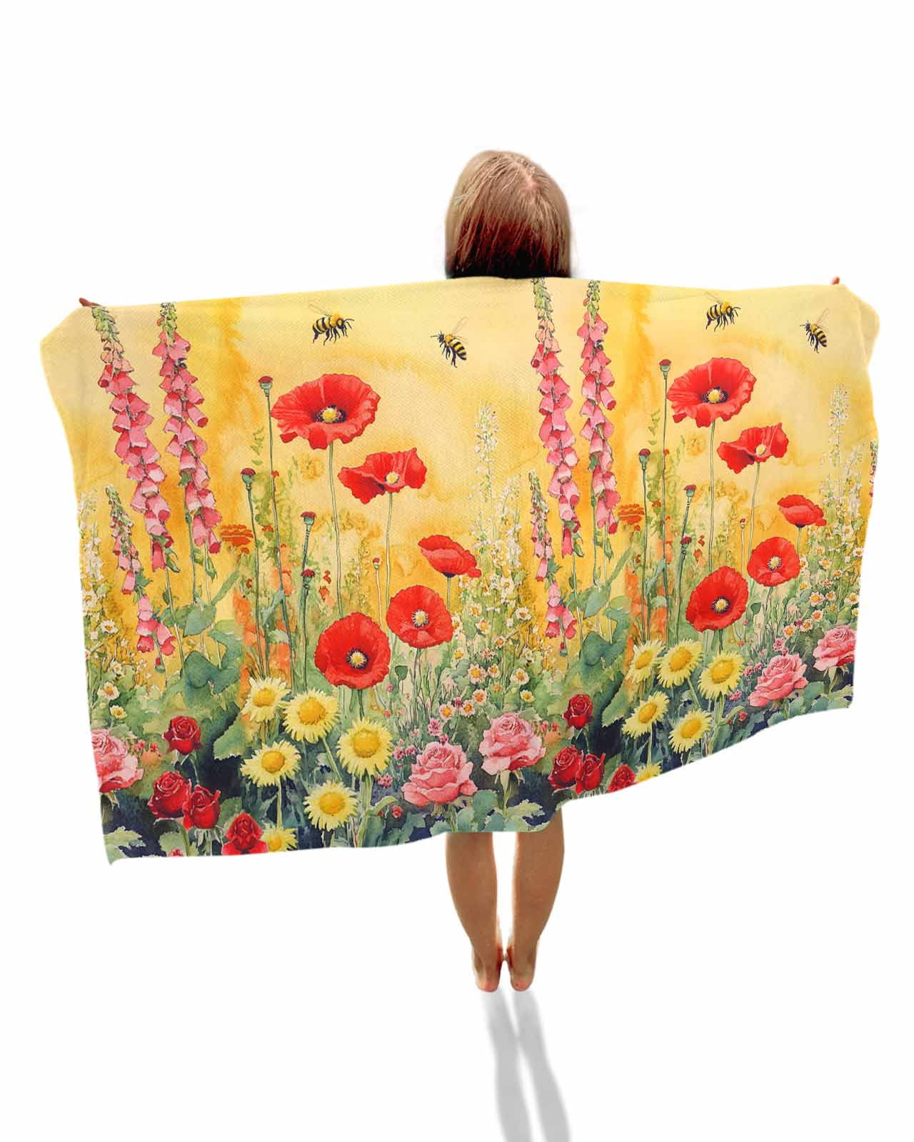 Poppy Botanical Beach Towels Oversized Super Absorbent, Vintage Floral Yellow Ombre Lightweight Bath Towel Quick Dry Sets For Bathroom/Pool/Rv Camping/Beach Play/Gym Room/Picnic 23"x47"