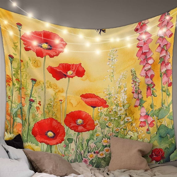 Poppy Botanical Large Tapestry for Bedroom Wall Hanging Tapestry, Vintage Floral Yellow Ombre Ceiling Backdrop Tapestries Poster Blanket Wall Decor for Teens Room Living Room Dorm 100" x 59"