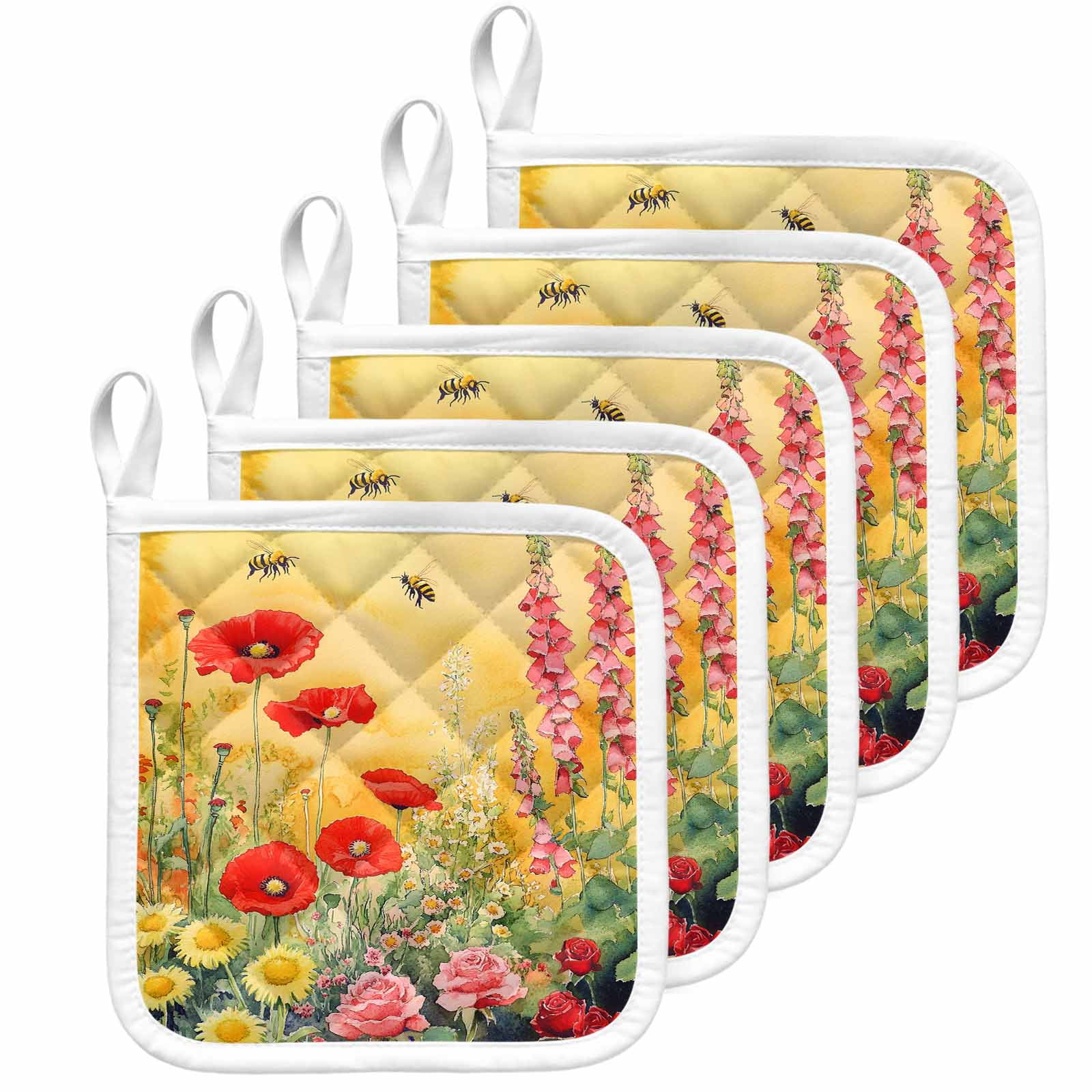 Poppy Botanical Pot Holders for Kitchen Heatproof Potholder, 5 Pack Vintage Floral Yellow Ombre Hot Pads Multipurpose Oven Pads Cloth Potholders Trivet for Cooking Baking