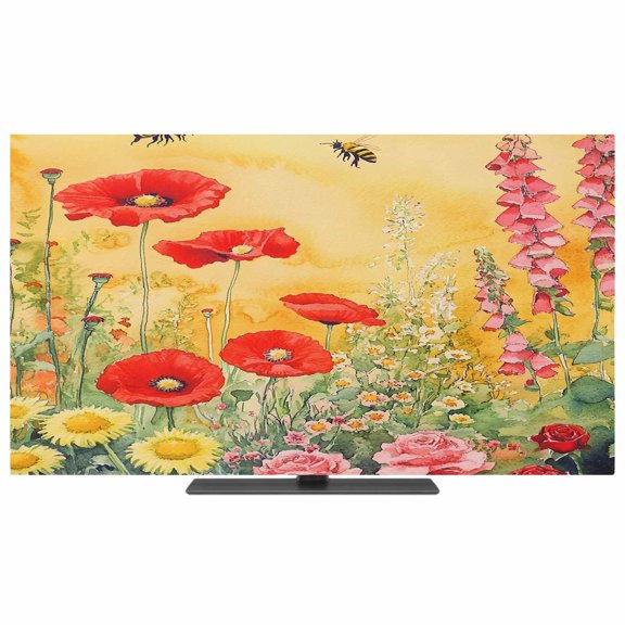 Poppy Botanical TV Dust Cover,Stretchable TV Screen Desktop Computer Protector Cover,Vintage Floral Yellow Ombre Television Dustproof Slipcover Indoor Outdoor Decor for 48–50 Inch Flat or Curved TVs