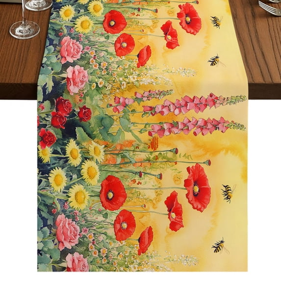 Poppy Botanical Table Runner 120 Inches Long, Cotton Linen Table Runner Dresser Scarf, Vintage Floral Yellow Ombre Fabric Tablerunners for Dining Coffee Tables Wedding Holiday Party 13"x120"