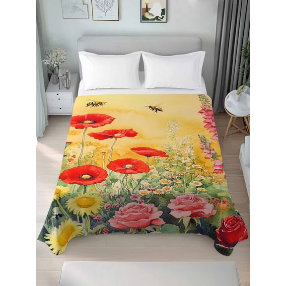 Poppy Botanical Twim Size Flat Sheet, Wrinkleproof & Fadeproof Cooling Flat Bed Sheet Only, Vintage Floral Yellow Ombre Breathable Soft Bedding Top Sheets 66 x 96 Inches