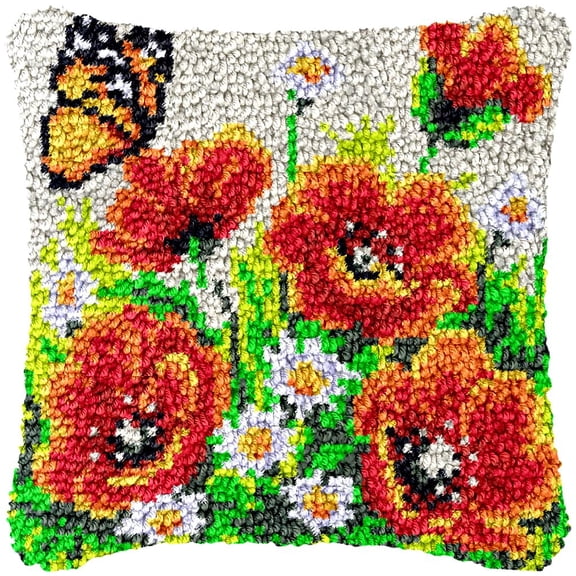 Poppy & Butterfly Latch Hook Kits Pillow Cover DIY Rug Making Crochet Hook Cushion Making Kits with Preprinted Pattern Canvas DIY Needlework Crochet Kits Sofa Decor 43x43cm