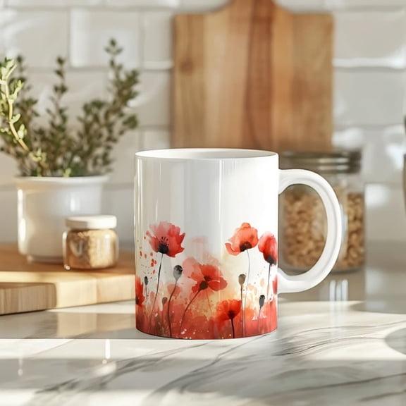 Poppy Coffee Mug - Ceramic Mug, Boho Cottagre Floral Tea Cup.