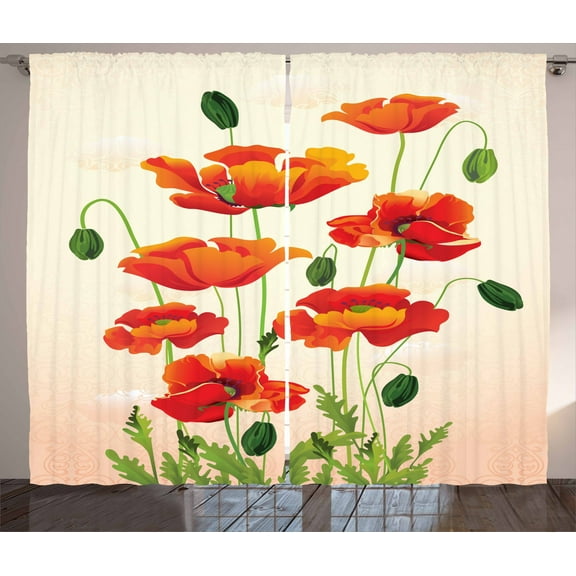 Ambesonne Poppy Flower Curtains 2 Panel Set, Bouquet Arrangement, 108" x 108", Cream Vermilion Green