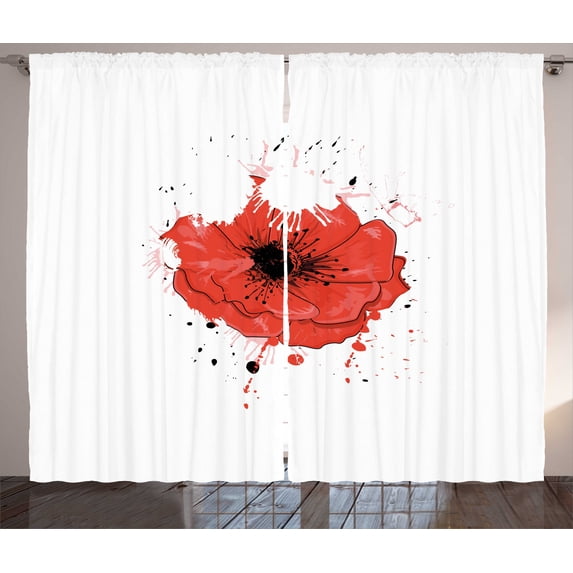 Ambesonne Poppy Flower Curtains 2 Panel Set, Head of Opiate Flower, 108" x 96", Red White Black