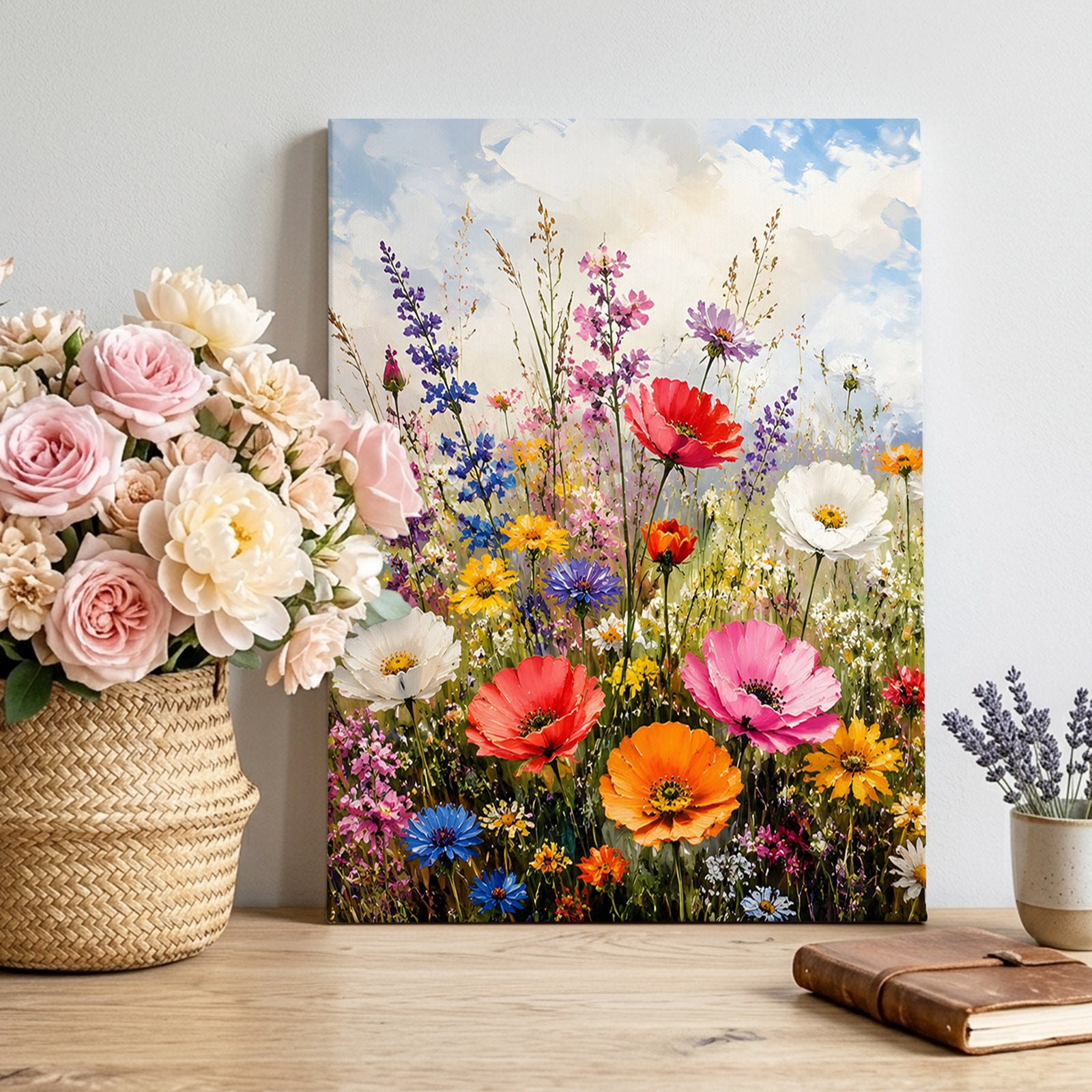 Poppy Daisy Canvas Wall Art, Rustic Floral Red Pink Orange Flower Green ...