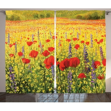 Ambesonne Flower Curtains 2 Panel Set, Field with Poppies Farm, 108" x 84", Yellow Red Green