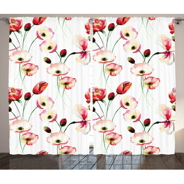 Ambesonne Nature Curtains 2 Panel Set, Poppy Flowers Branches, 108" x 84", Multicolor