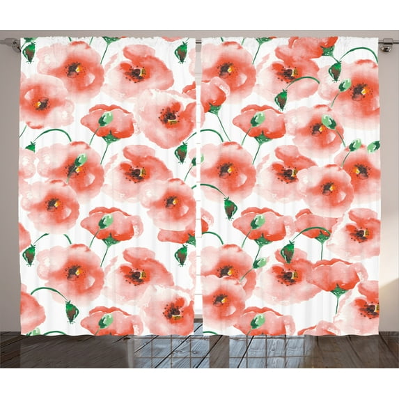 Ambesonne Poppy Flower Curtains 2 Panel Set, Soft Color Garden Twig, 108" x 90", Scarlet and Green