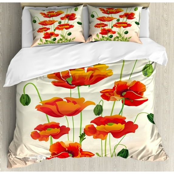 Poppy Duvet Cover Set King Size, Flower Bouquet with Coming of the Spring Theme Nature Growth Arrangement, Decorative 3 Piece Bedding Set with 2 Pillow Shams, Cream Vermilion Green, by Ambesonne