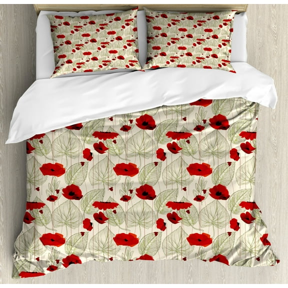 Poppy Duvet Cover Set King Size, Sketchy Tree Leaves with Rural Floral Growth Botany Nature Inspired Art, Decorative 3 Piece Bedding Set with 2 Pillow Shams, Scarlet Fern Green Beige, by Ambesonne