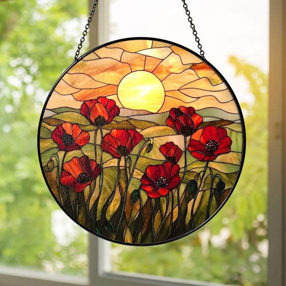 Poppy Field Sunrise Glass Suncatcher, Red Flower Window Hanging, Cottagecore Decor, 6.3 in