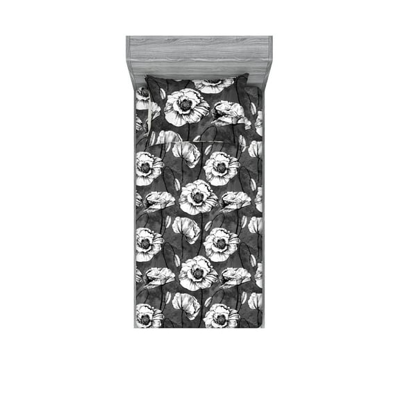 Poppy Fitted Sheet & Pillow Sham Set, Blossoming Vintage Engraved Style Poppies and Buds on Grunge Watercolor Back, Decorative Printed 2 Piece Bedding Decor, Twin, Grey Black White, by Ambesonne