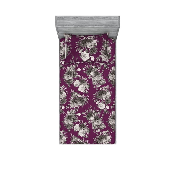 Poppy Fitted Sheet & Pillow Sham Set, Nostalgic Monochrome Colored Flowers Vintage Pattern on Purplish Back, Decorative Printed 2 Piece Bedding Decor, Twinxl, Taupe Grey Dark Magenta, by Ambesonne
