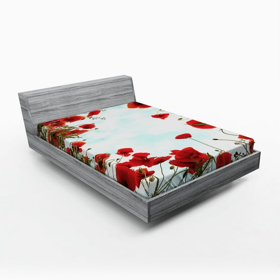 Ambesonne Poppy Flower Fitted Sheet, Meadow Flowers Cottage, Full Size, Vermilion Pale Blue