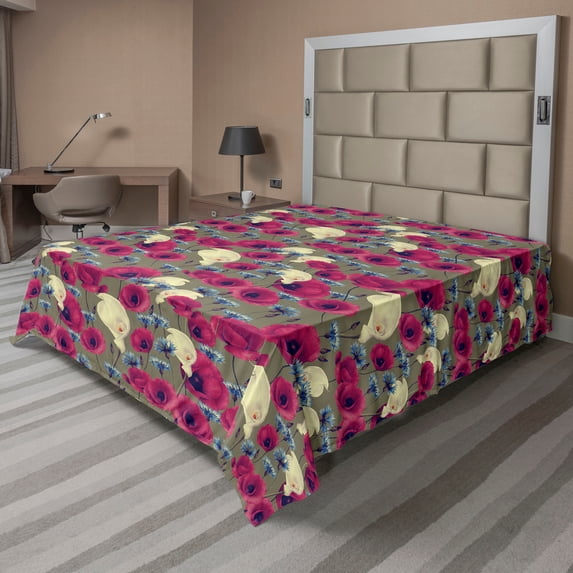 Ambesonne Poppy Flat Bedding Sheet Soft Top Sheet, Floral Composition Garden, Full, Pale Yellow Magenta