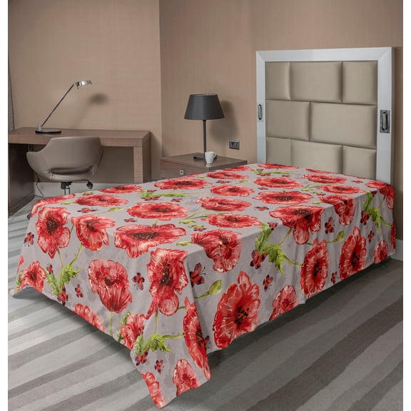 Ambesonne Poppy Flat Bedding Sheet Soft Top Sheet, Jungle Flowers Boho with Dots, Twin, Dark Coral Fern Green