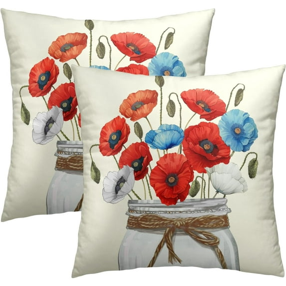 Poppy Floral Pillow Covers 18x18 Set of 2 Farmhouse Watercolor Spring Red Flowers Jar Square Pillowcases for Couch Sofa Room Gift Anniversary Day Wedding Decor