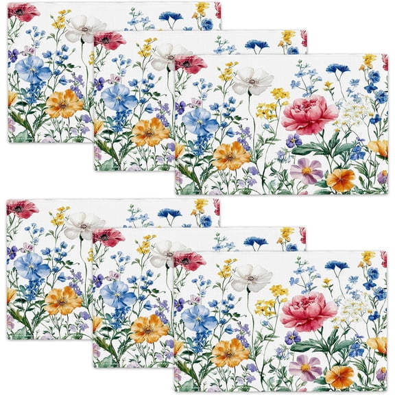 Poppy Floral Placemats Set of 6, Watercolor Wildflower Place Mats, Leaves Spring Dining Table Mats, Washable Flower Placemats for Kitchen Dining Room Home Decor 18L'''' × 12W''''
