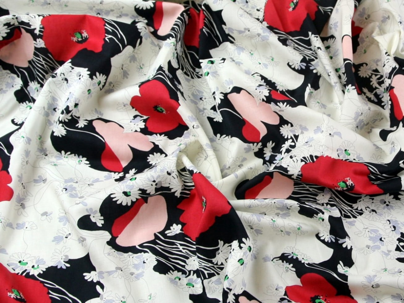 Poppy Floral Print Cotton Lawn Dress Fabric Black, Red & Cream - per yard Poppy Floral Print Cotton Lawn Dress Fabric Black, Red & Cream - per yard