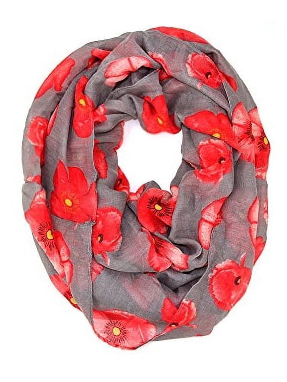 Poppy Floral Print Soft Infinity Loop Scarf (Gray)