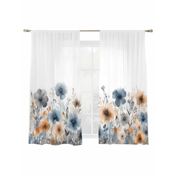 Poppy Floral Sheer Curtains 2 Panels Set Spring Blue Yellow Botanical Flowers Summer Watercolor Sheer Window Curtains Light Filtering Rod Pocket Voile Drapes for Bedroom Living Room 52"X72"