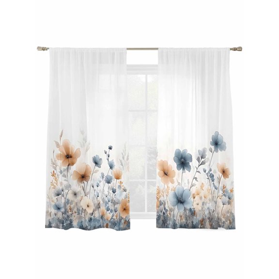 Poppy Floral Sheer Curtains 2 Panels Set Spring Blue Yellow Botanical Flowers Watercolor Sheer Window Curtains Light Filtering Rod Pocket Voile Drapes for Bedroom Living Room 52"X72"