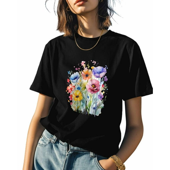 Poppy Floral Womens Tshirt Graphic Tees Cotton Crew Neck T-Shirts, Casual Short Sleeve Shirts for Women Teen Girl