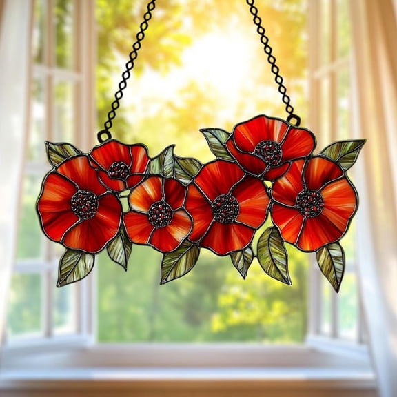 Poppy Flower 2D Flat Acrylic Suncatcher, Rustic Cottagecore Floral Decor, August Birthflower Gift for Mom, Window Hanging Decor