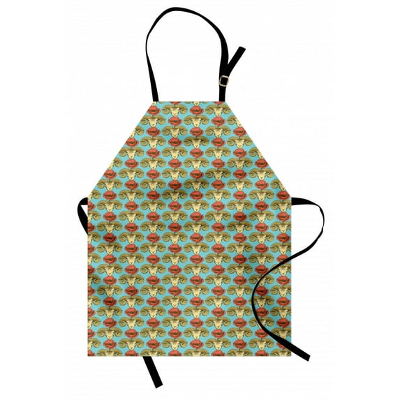 Poppy Flower Apron, Vintage Romantic Pattern with Sketch Ram and Poppys Print, Unisex Kitchen Bib with Adjustable Neck for Cooking Gardening, Adult Size, Burnt Sienna Turquoise, by Ambesonne