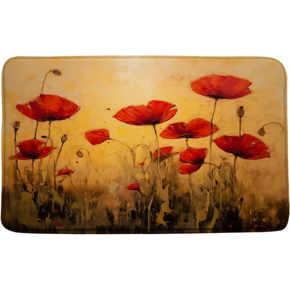 Poppy Flower Bath Mat Vintage Red Flower Blossom Bouquet Oil Painting Rustic Floral Plant Rural Natural Botanical Garden Scenery Bathroom Kitchen Rugs,19.7x31.5 Inch