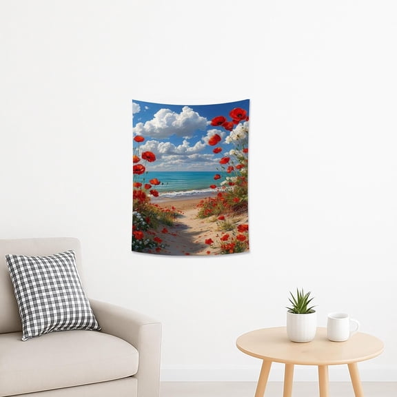 Poppy Flower Beach Scene Tapestry, Red Floral Aesthetic Wall Hanging for Spring Decoration, Nature Inspired Home Decor for Bedroom, Living Room, and Dorm 30x40 Inch