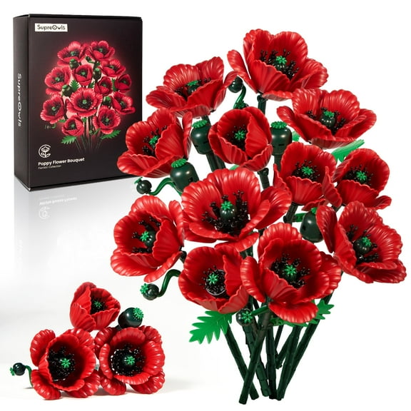 Red Poppy Bouquet Building Set, Compatible with Lego Flowers for Adults - Artificial Fake Flowers Botanical Collection - Veterans Day Home Decorations & Gift for Christmas