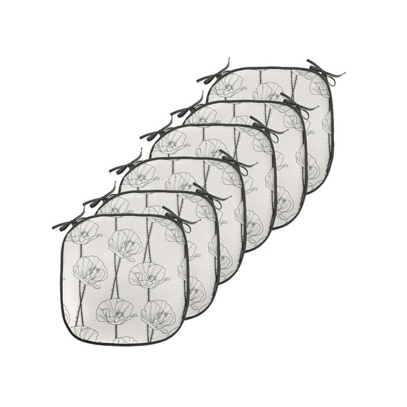 Poppy Flower Chair Seating Cushion Set of 6, Repeating Vintage Pattern of Outlines and Abstract Peduncles, Seat Pads for Office with Anti-slip Backing, 16"x16", Charcoal Grey Eggshell, by Ambesonne