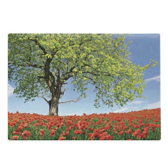 Poppy Flower Cutting Board, Landscape of Blooming Poppies on Field Majestic Tree Rural Terrain Habitat, Decorative Tempered Glass Cutting and Serving Board, Large Size, Green Red Blue, by Ambesonne