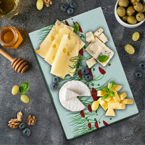 Poppy Flower Cutting Board, Scarlets and Buds on a Rural Field Refreshing Nature of Country Theme, Decorative Tempered Glass Cutting and Serving Board, Small Size, Scarlet Green White, by Ambesonne