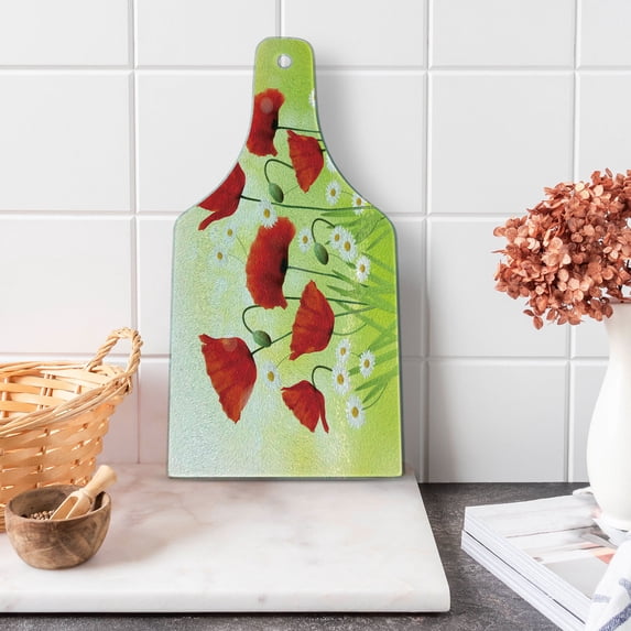 Poppy Flower Cutting Board, Spring Environment with Poppies and Daisies on Grass Flourishing Nature, Decorative Tempered Glass Cutting and Serving Board, Wine Bottle Shape, Red Green, by Ambesonne