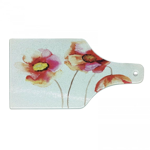 Poppy Flower Cutting Board, Watercolors Vibrant Poppies Graphic Peace and Death Sedative Plant Print, Decorative Tempered Glass Cutting and Serving Board, Wine Bottle Shape, Red White, by Ambesonne