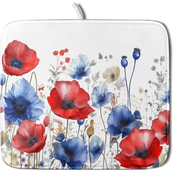 Poppy Flower Dish Drying Mat 16x18 for Kitchen Memorial Independence Day 4th of July USA Red Blue Flower Dishes Dry Pad Drainer Rack Mats Absorbent Hanging Loop Kitchen Accessories